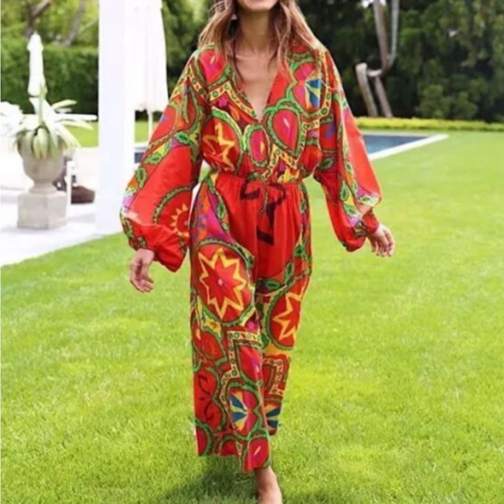 Rhode Resort Blake Printed Jumpsuit Dress Wide Leg Playsuit Red Uzbek S